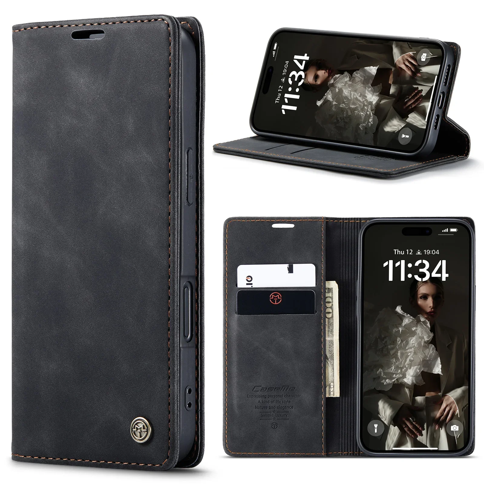 For iPhone 16 Pro Max Leather Wallet Case Card Slots Hands-Free Kickstand Shockproof Flip Folio Cover for 16 Plus Fundas