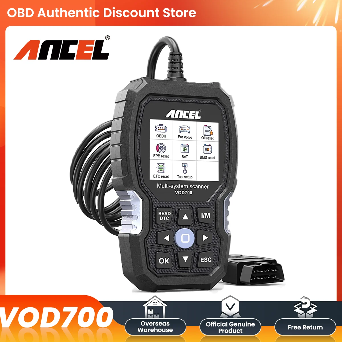 

ANCEL VOD700 OBD2 Scanner Fits for Volvo Car All System Car Code Reader ABS Oil BMS EPB TPMS DPF Reset Diagnostic Scan Tool