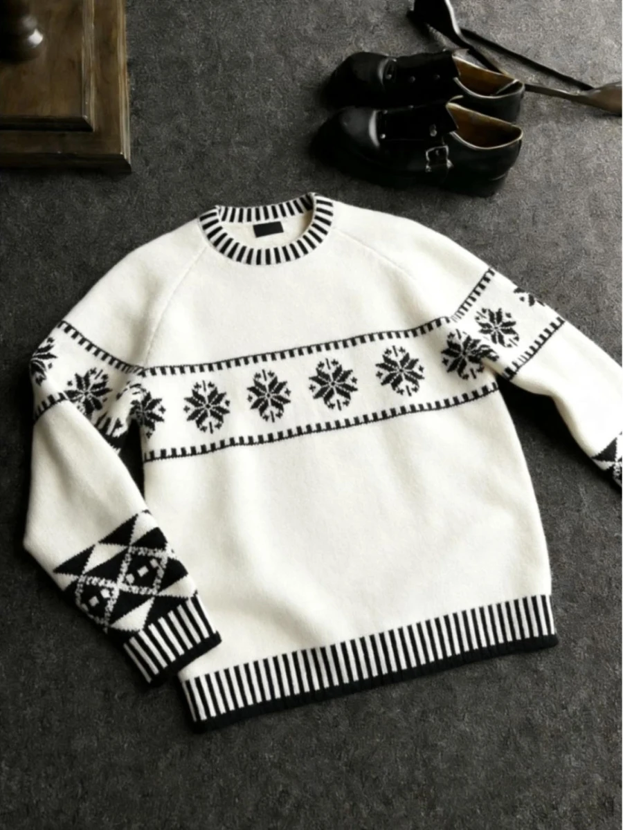 

American Sle Fair Isle Knitted Sweater Couple Matching Lazy Sle Outerwear Men's Women's Clean Fit Casual Autumn Winter