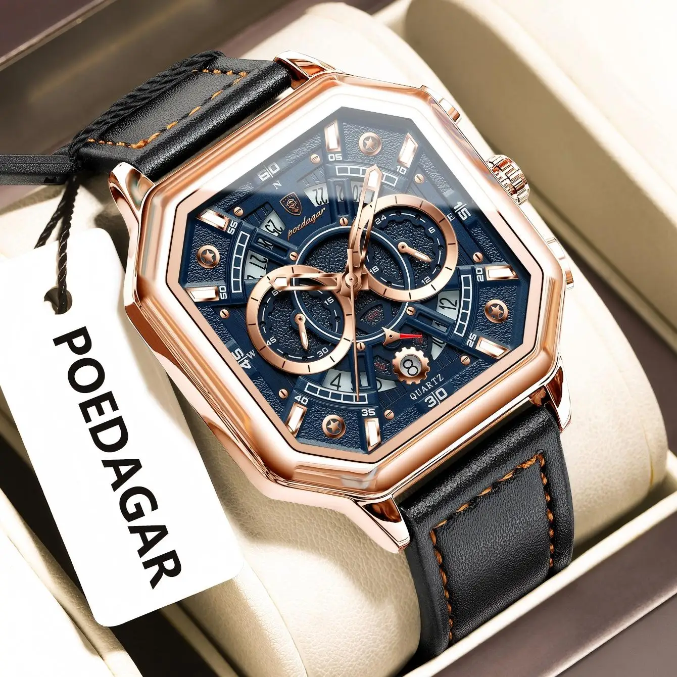 

POEDAGAR Fashion Square Man Wristwatch Chronograph Waterproof Luminous Leather Date Casual Men Watch Sports Quartz Men's Watches