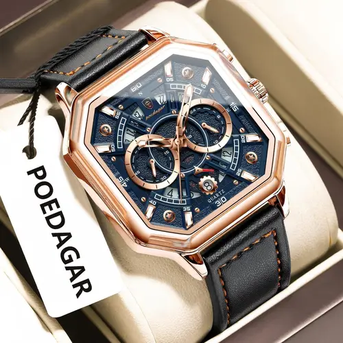 POEDAGAR, reloj de pulsera cuadrado a la moda para hombre, cronógrafo resistente al agua, Cuero Luminoso, fecha, reloj informal para hombre, relojes deportivos de cuarzo para hombre