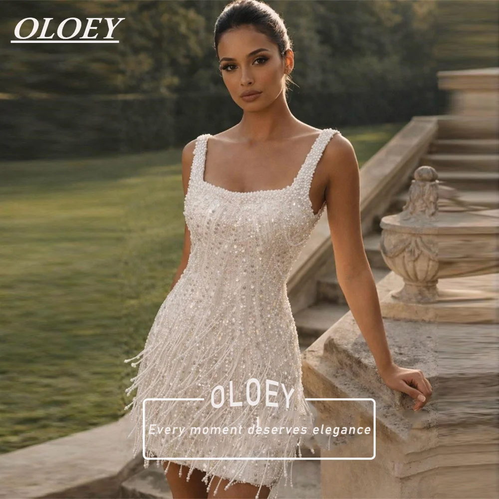 OLOEY Luxuriöse, mit Pailletten besetzte, kurze Brautkleider mit quadratischem Kragen, Meerjungfrau-Mini-Brautkleider, maßgeschneidertes Korsett Robe De Mariage
