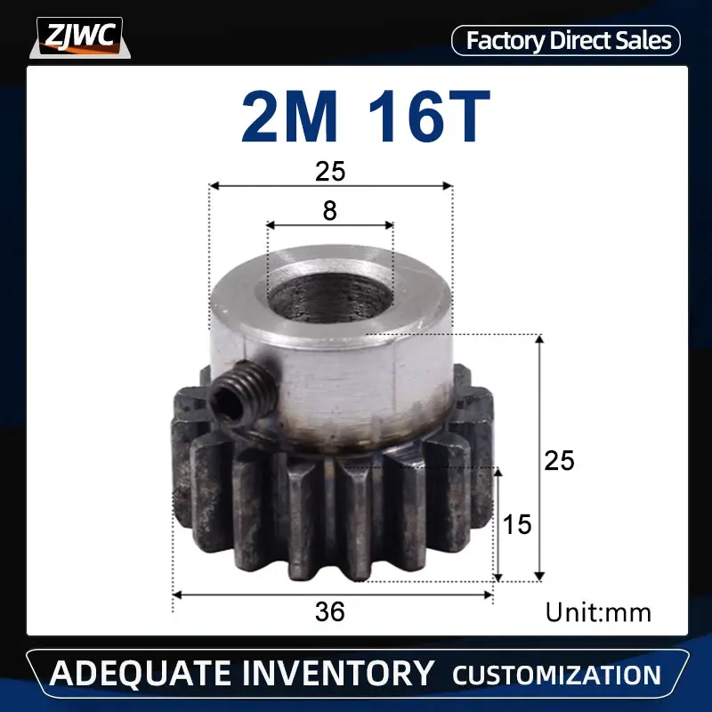 1pc Spur Gear Rack Pinion 2 Modulus 16T 16Teeth Mod 2M Bore 8mm Staight Teeth Positive Gear 45# Steel CNC Transmission