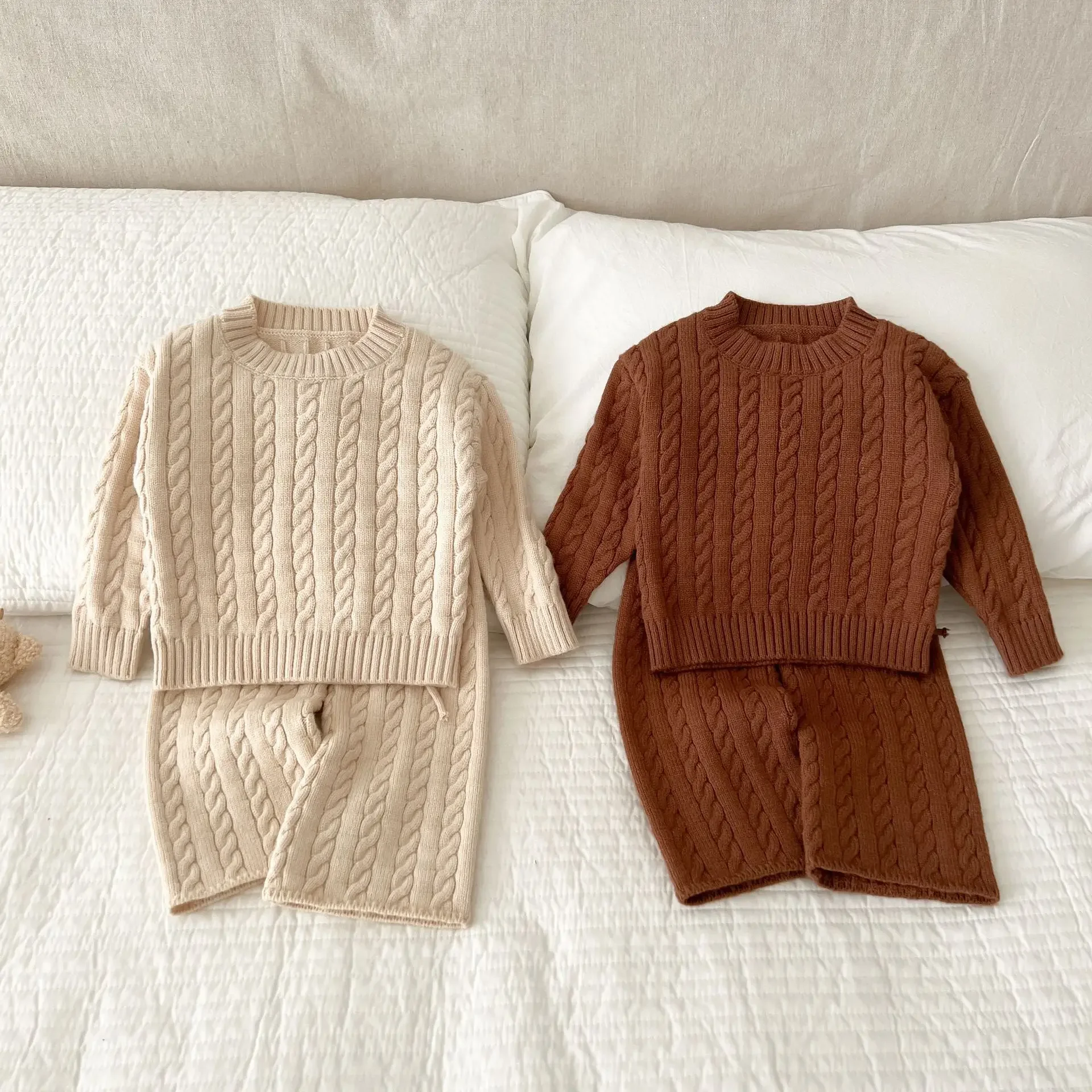 Kids Girls Clothes 2 Piece Sets Sweater Pants Korean Solid Color Autumn Spring Cable-knit Sweater Belt Pure Cotton Pullover