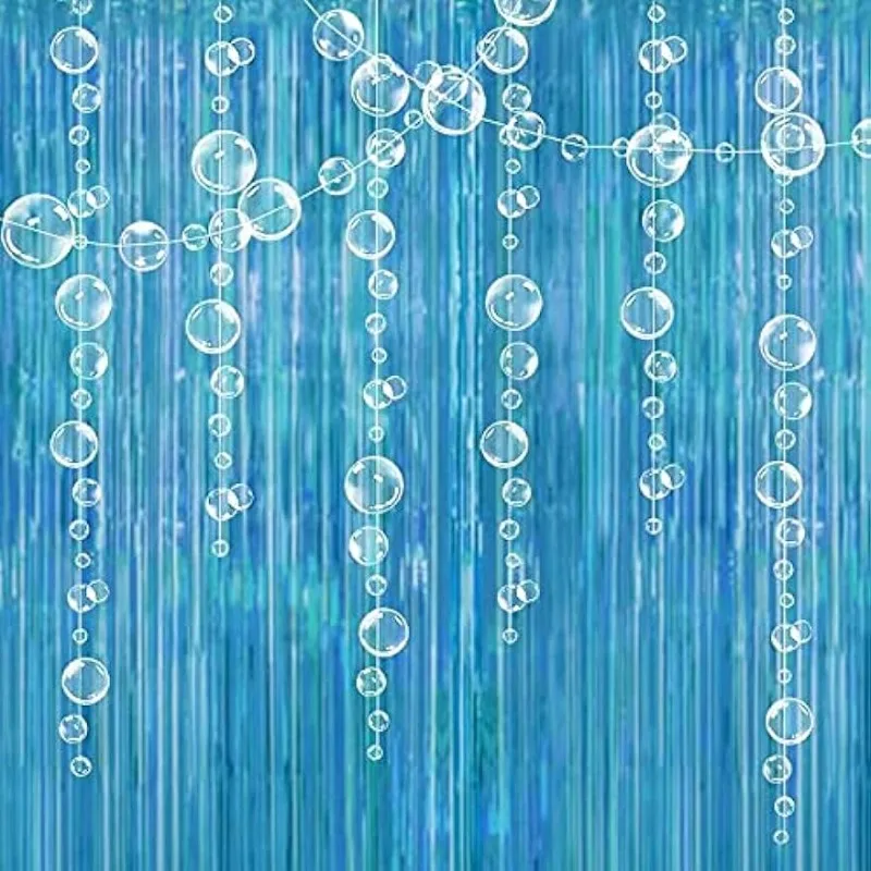 

Ocean Blue Under The Sea Party Decor Tinsel Foil Fringe Curtain Backdrop Hanging White Bubble Garland for Mermaid Party Supplies