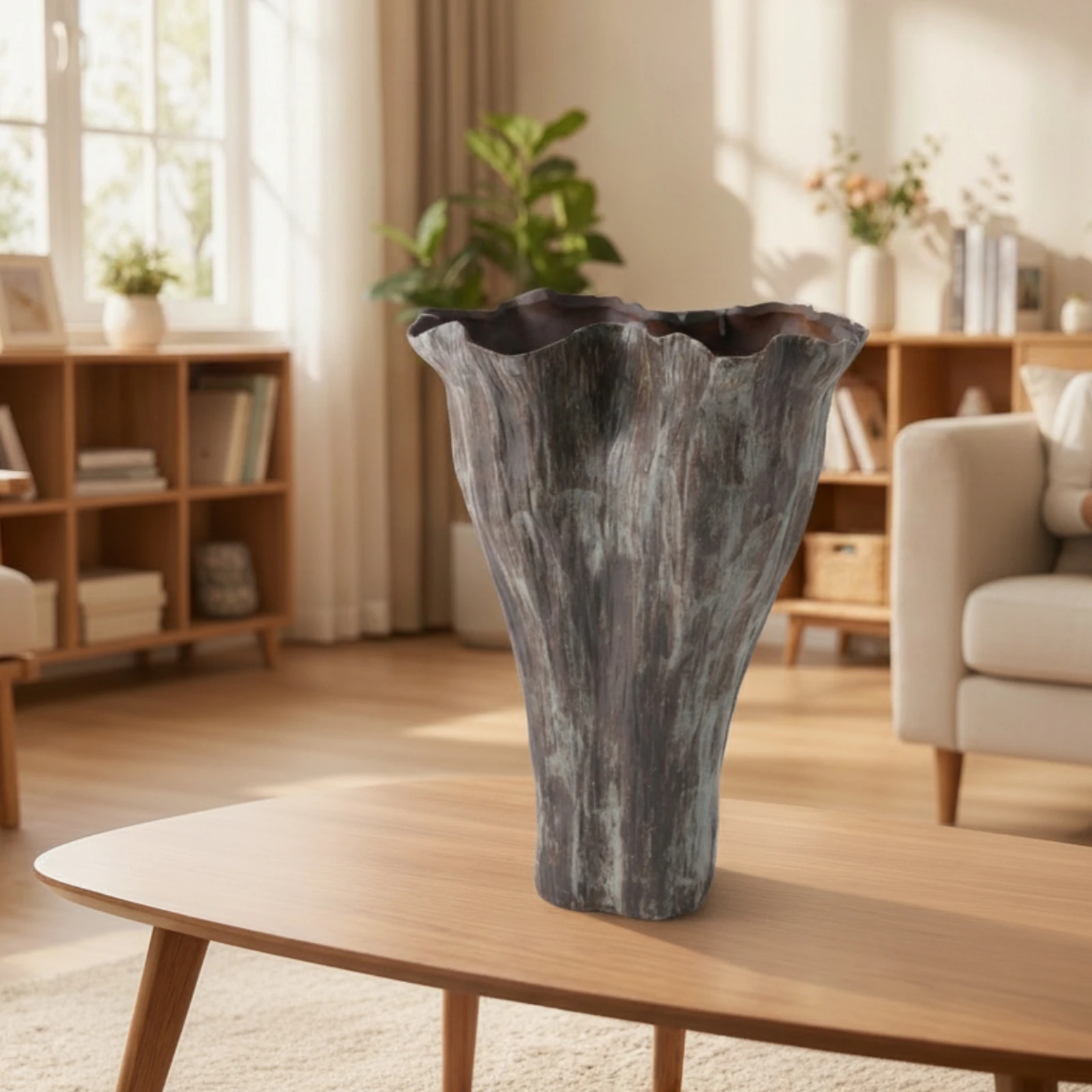 Ceramic Vase Scalloped Vase with Wavy Rim Flower Holder Wabi-Sabi Modern for Decorators, Tabletop, Living Room