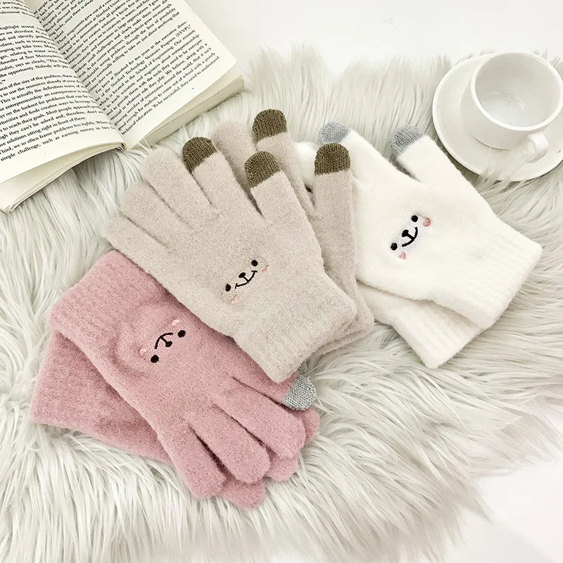 Gants tricotés en laine pour femmes, gants en coton doux, dessin animé mignon, ours souriant brodé, écran tactile, Kawaii, chaud, femme, automne,