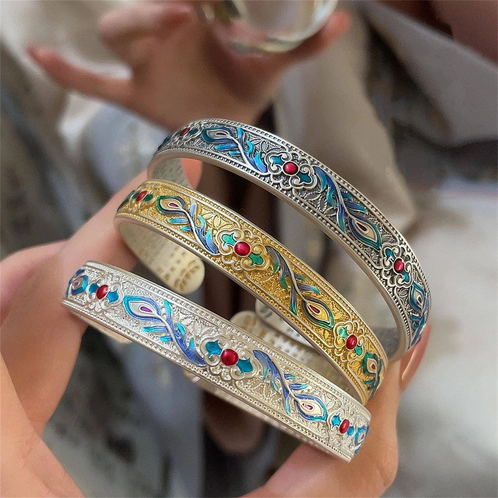 الفضة 925 شيونغسام أساور رائعة النمط الصيني الرجعية فينيكس ريشة الملونة المينا أساور للنساء مجوهرات قابل للتعديل