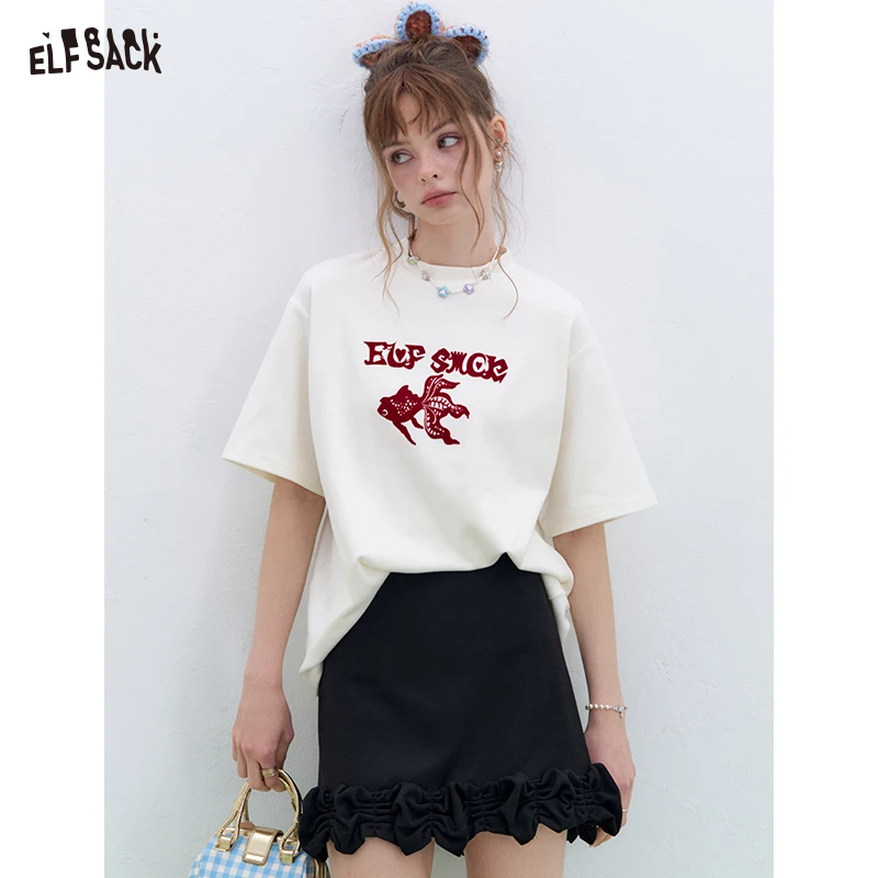 

ELFSACK 2025 Spring New Arrivals Neo-Chinese style Lucky Goldfish Print Short Sleeve T-shirt Women Basic Casual Round Neck Korea