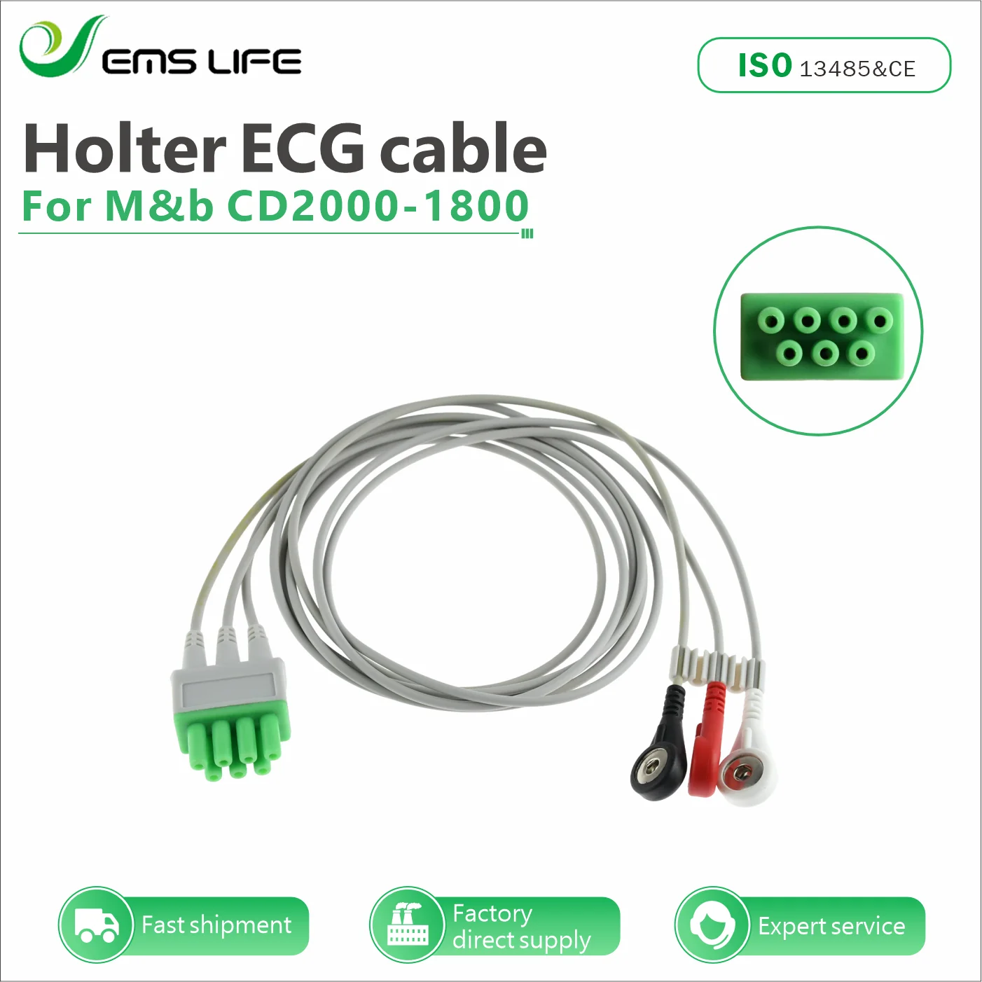 emslife No.3703 3leads holter EHG leadwires compatible for mindray M&B recorder for telemetry testing