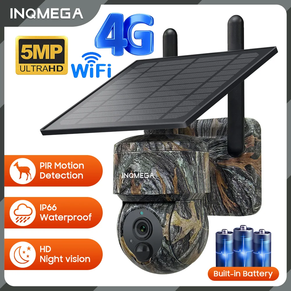 INQMEGA 5MP 4G / WIFI Solar Wireless Security Camera Outdoor Solar Monitor Camera Night Vision Color Camera PIR Detection Cam