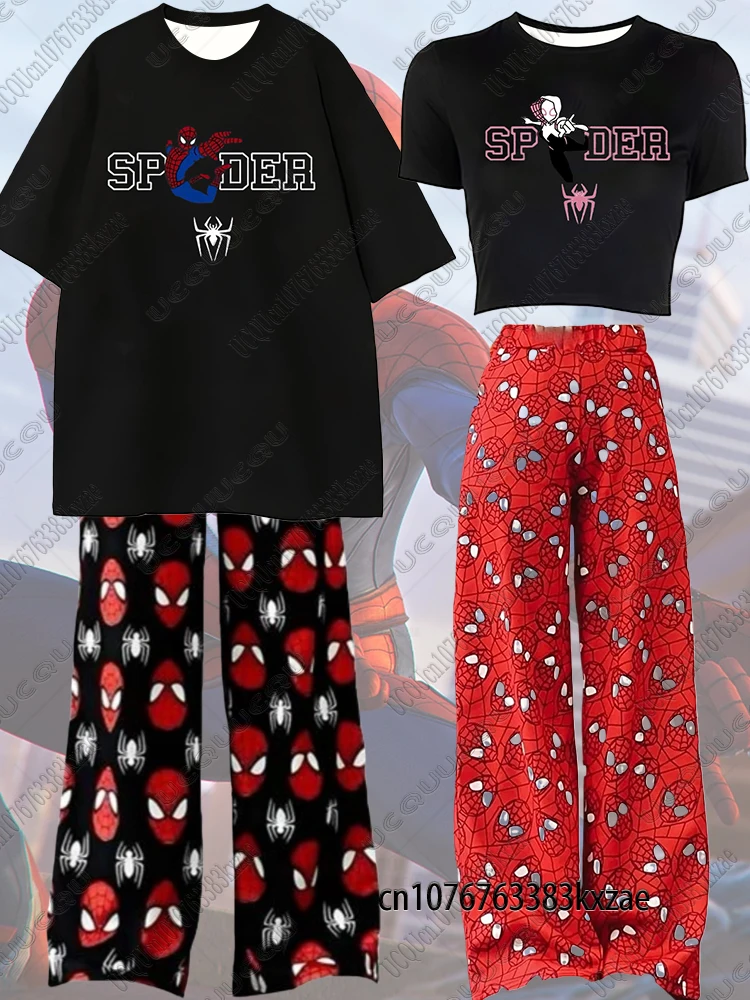 

Spider-Man & Spider Ghost Tshirts+Pajama Pants Set Men's Trousers Tracksuit Sexy Crop Tops For Girls Fashion Couples 2 Pcs Suit