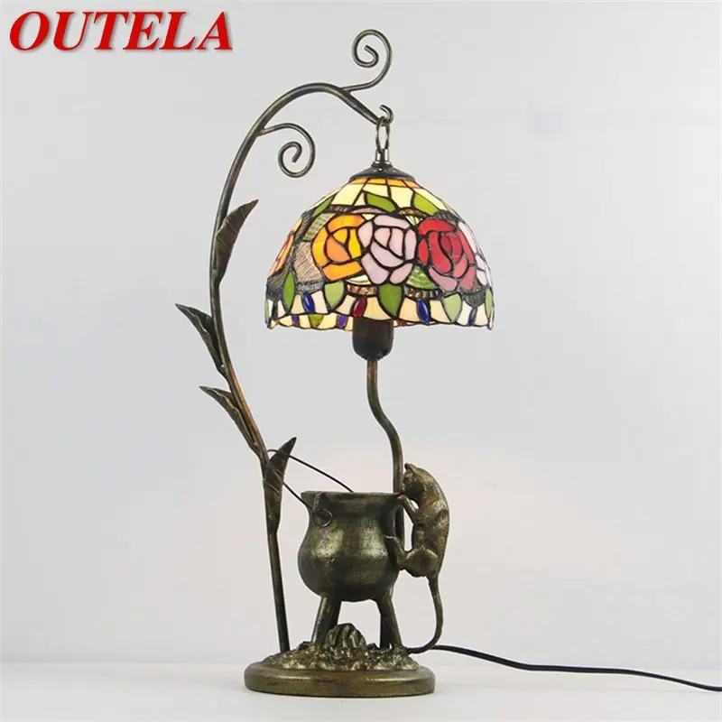 

OUTELA Tiffany Glass Table Light LED Creative Resin Bedside Desk Lamp Flower Shape Lampshade For Home Living Room Bedroom