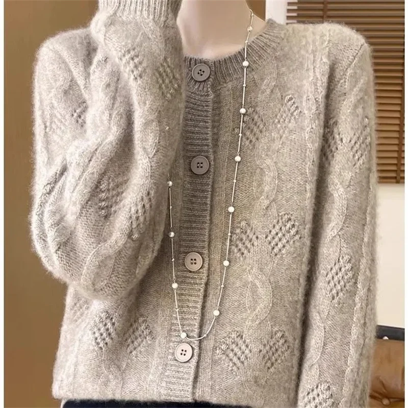 

Women O-neck Wool Cardigan Autumn Winter Cashmere Sweater Cable Knitting Hollow Out Long Sleeve Sweater 100% Merino Wool Knitted