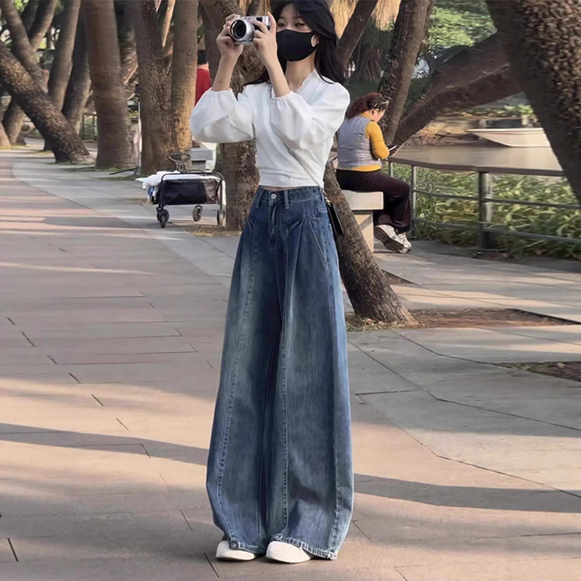 

Retro Solid Wide Leg Jeans Women's Fashion Loose Slimming Pleated Design Straight Floor-Length Pants High Waist Straight Leg