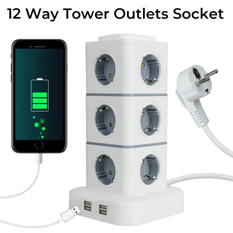 

12-контактная розетка Tower Розетка с несколькими удлинителями Вертикальный удлинитель длиной 1,5 м Вилка европейского стандарта с 4 USB-переключателями защиты от перегрузки 10 А 220 В