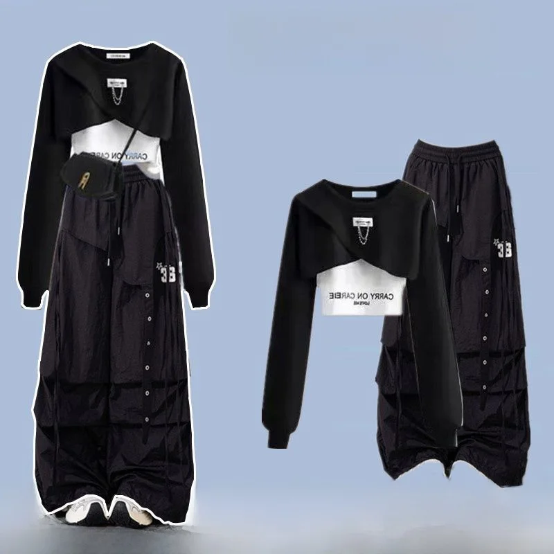 Sweet And Spicy Women's Street Dance Jazz Wide Leg Pants Sweatshirt Strap Design Casual Sportswear Two-Piece Set Polyester Fiber