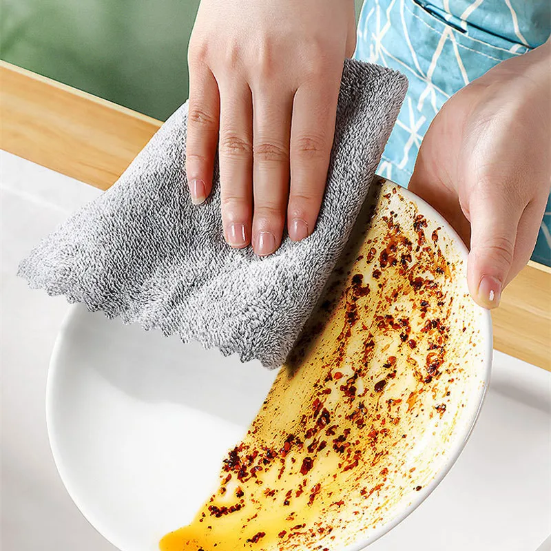 1Pc 25x25cm Grey Bamboo Square Dishcloth Home Kitchen Absorbent Cleaning Cloth Towel Non-Stick Oil Wipes Scouring Pad