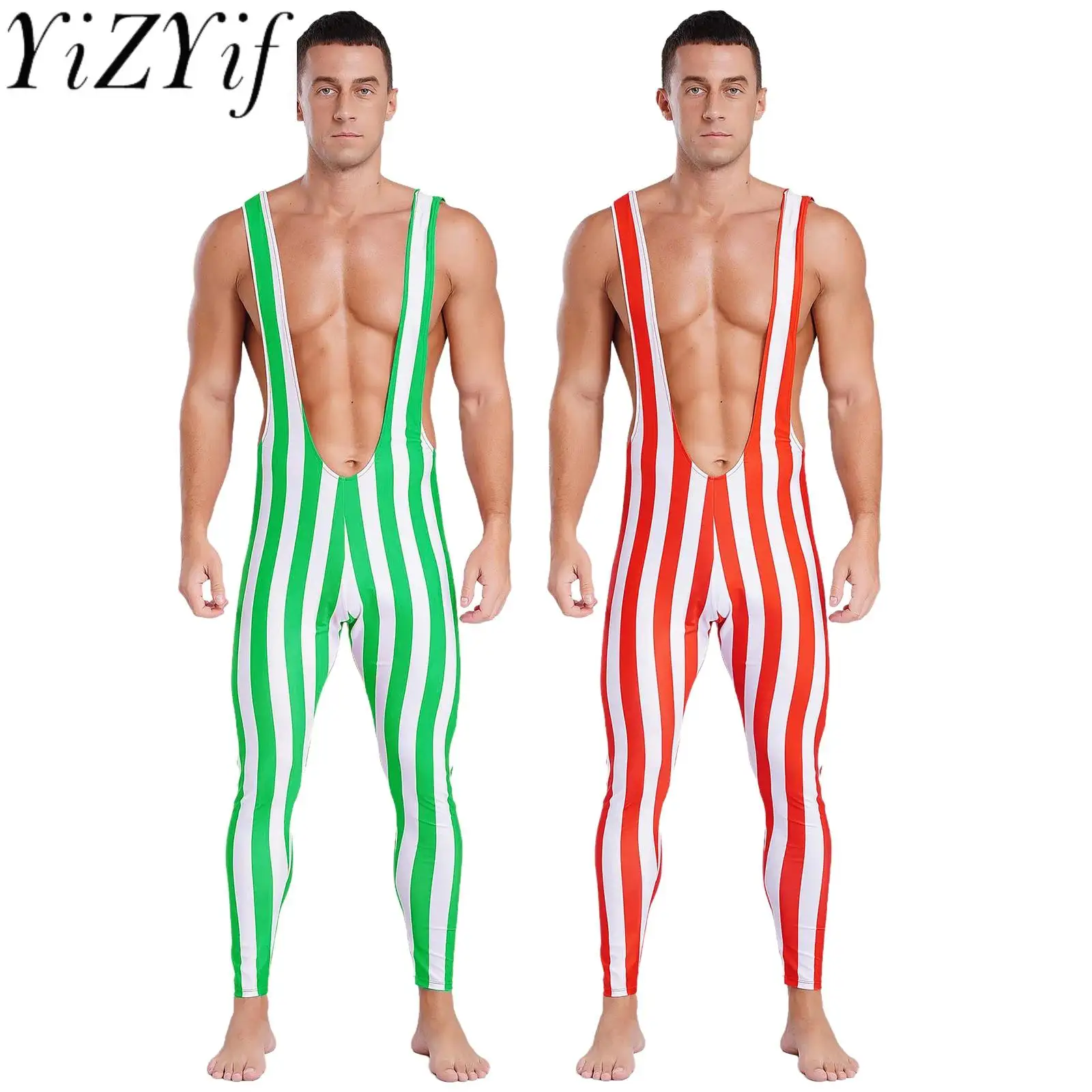 

Men Striped Bodysuit Wrestling Singlet Leotard Athletic Jumpsuit One Piece Sleeveless Deep U Neck Unitard Showing Muscle Rompers