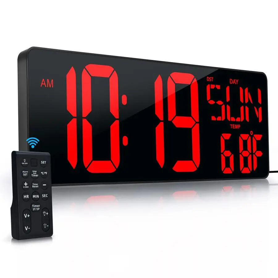 Digital Wall Clock with Remote Control 17.2 LED Large Display Timer with Temperature Date Week Auto DST Adjustable Brightness, B