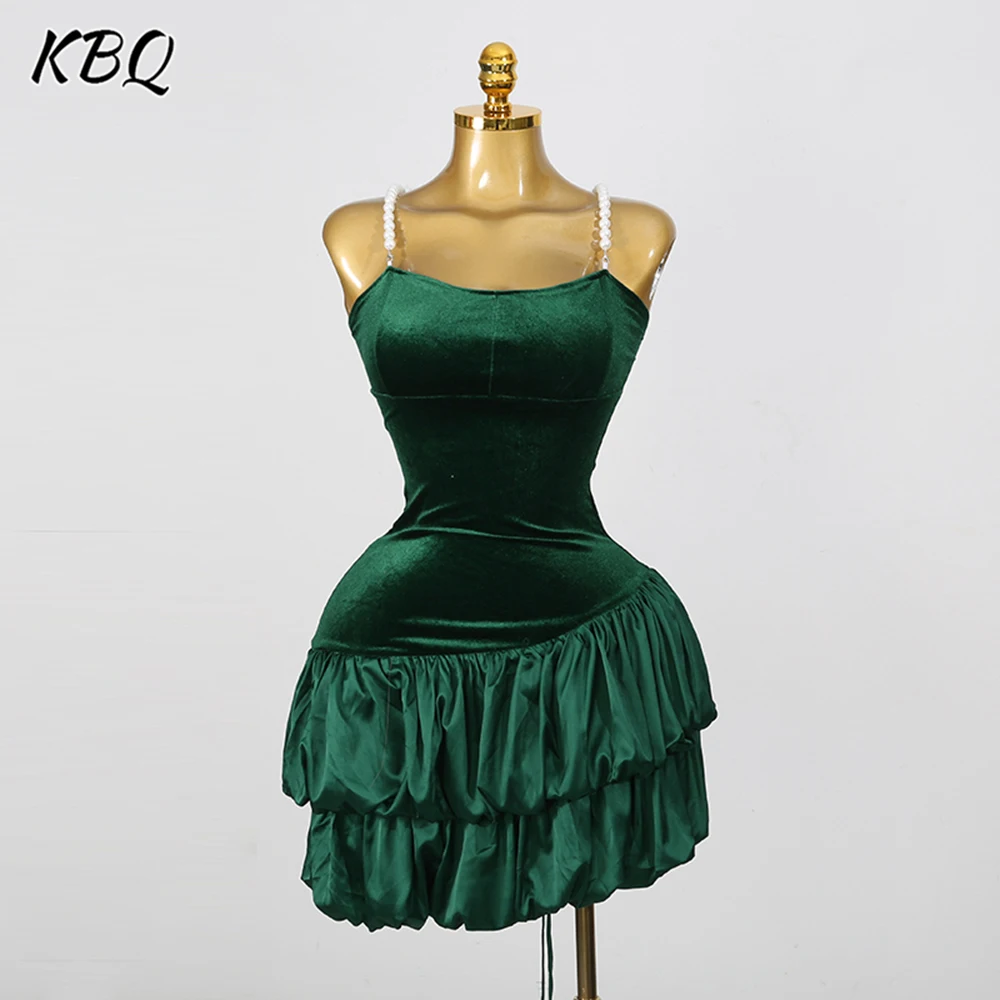 KBQ Green Loose Spliced Folds Chic Dresses for Women Square Collar Sleeveless Elegant Intellectual Dress Female Summer Fashion