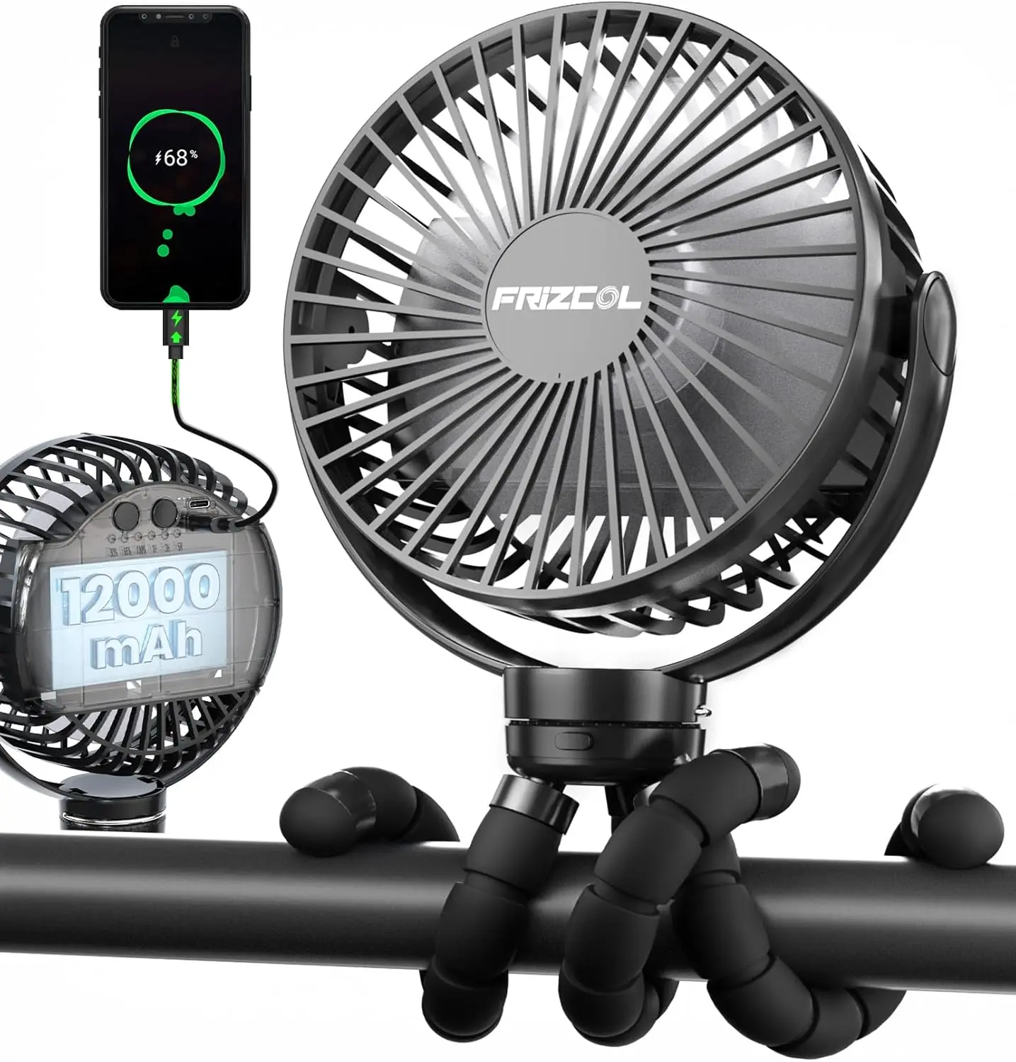 

Портативный вентилятор для коляски, работает как повербанк, 65 часов работы от аккумулятора 12000 мАч, гибкий штатив, для детской коляски