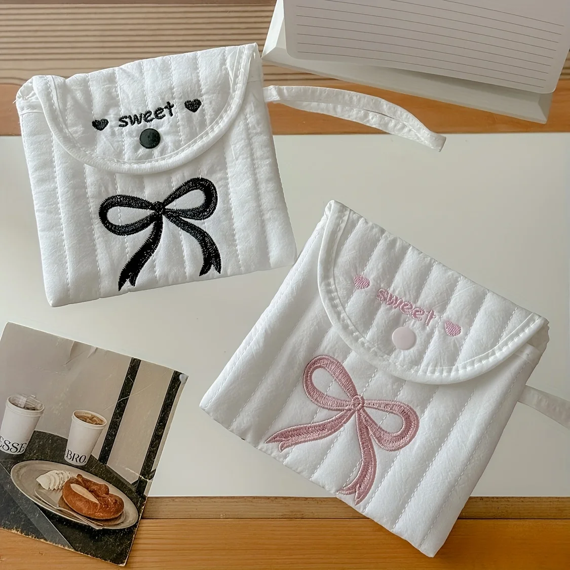 Sweet Bowknot Sanitary Napkin Storage Bag, Cosmetic Storage Pouch, High-Looking Portable Korean-Style Large-Capacity Embroidered Clutch Bag