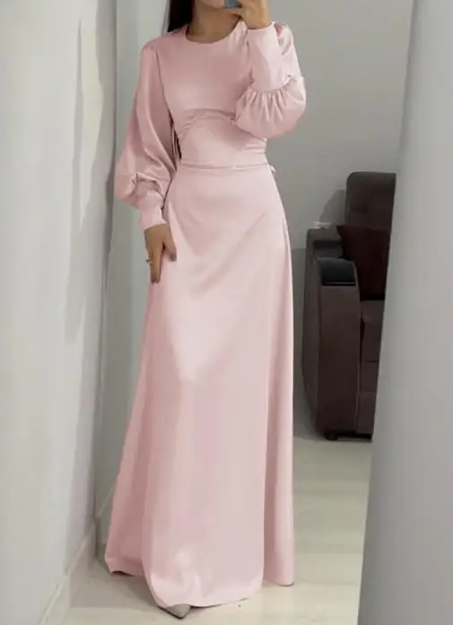 

Elegant Temperament High-End Long Sleeved Dress Autumn Solid Color Round Neck Cinched Lantern Sleeves A-Line Dinner Dress