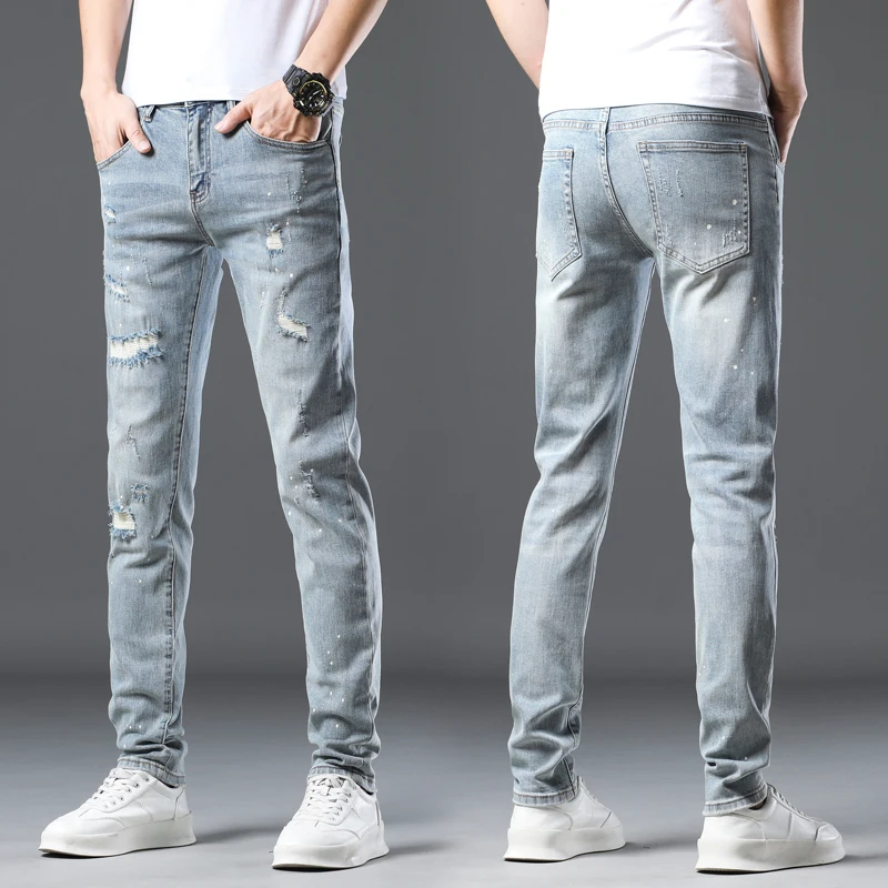 

spring and autumn retro slim fit small foot elastic casual pant blue skinny ripped Distressed jeans men streetwear mens pants