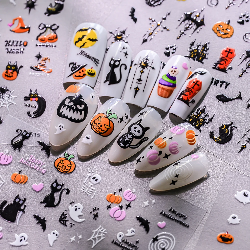 1PC 5D Halloween Nail Art Decalcomanie Gatto Nero Zucca Fantasma Modello Adesivo Slider Adesivi 10X8 cm FAI DA TE Scuro Halloween Nail Sticker