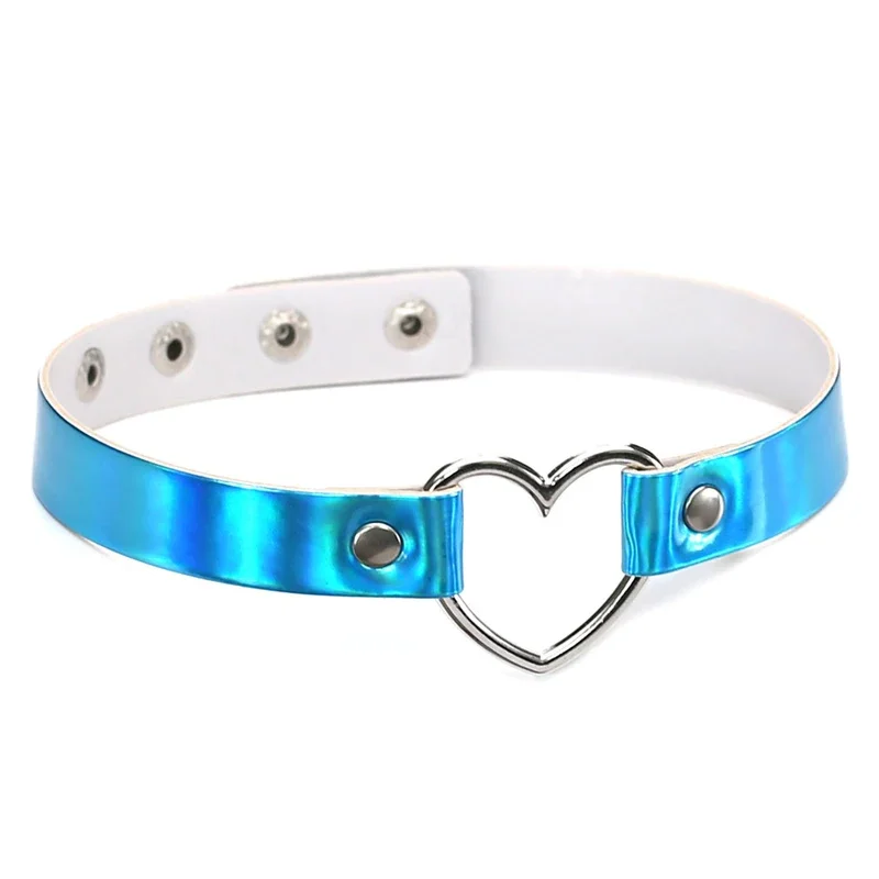 PU Leather Choker Necklace Gift For Women Holographic  Heart Metal Laser Collar Chocker Fashion Jewelry Colorful