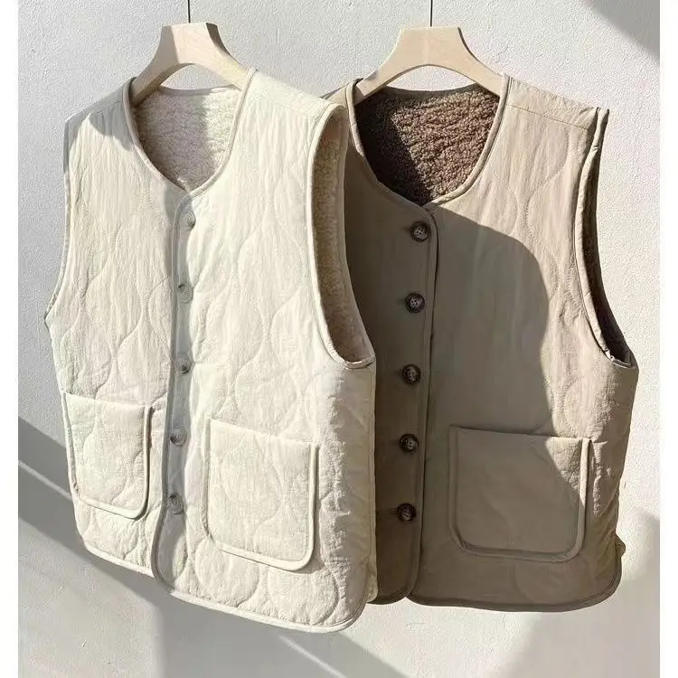 Fashion Vest Women Lamb Wool Warm Coat Winter New Large Pocket Loose Sleeveless Waistcoat Vest Female Casual Ladies Tops