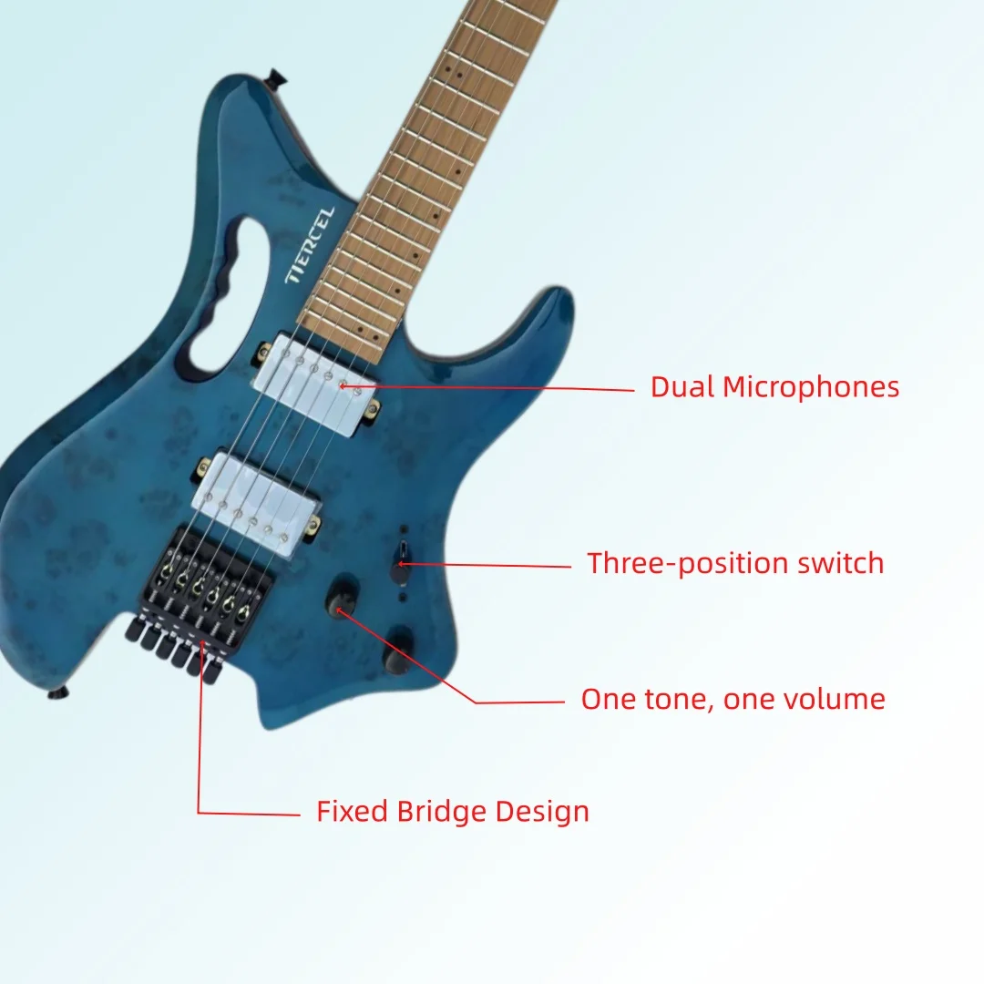 Burl-patterned veneer, blue headless electric guitar, beginner electric guitar, band guitarist, ideal for rock music view 3