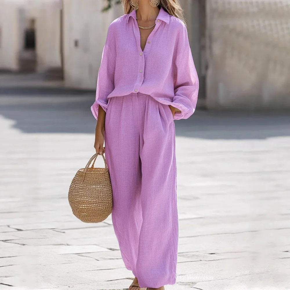 

Autumn Cotton Linen Lady Two Piece Pant Casual Women Trousers Sets Lapel Single Breasted Long Sleeve Loose Top Wide Leg Pant Set