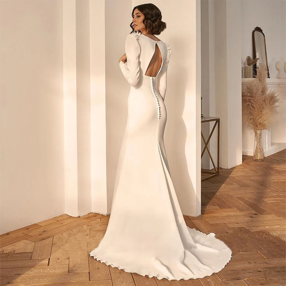 

Elegant Temperament Wedding Dresses V-neck Long Sleeve Backless Trailing Dresses for Bridesmaid