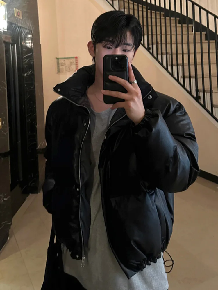 

SYUHGFA Men's Clothing Stand Collar Jackets Thickened Warm PU Leather Jacket Casual Loose Short Cotton Coat 2025 Winter