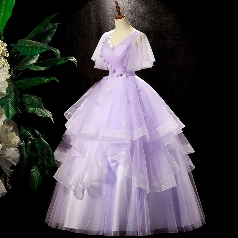 Dames V-hals Patchwork Paarse Avondjurk Modieus Afslanken Kunstexamen Prestaties Gezwollen Rok Fee Banket Volwassen Jurk