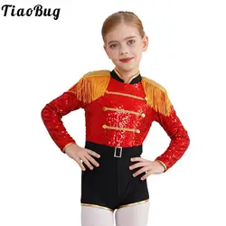 Kids Girls Sequins Circus Costume Ringmaster Director Jumpsuit Halloween Carnival Theme Party Role Play Fringed Bodysuit