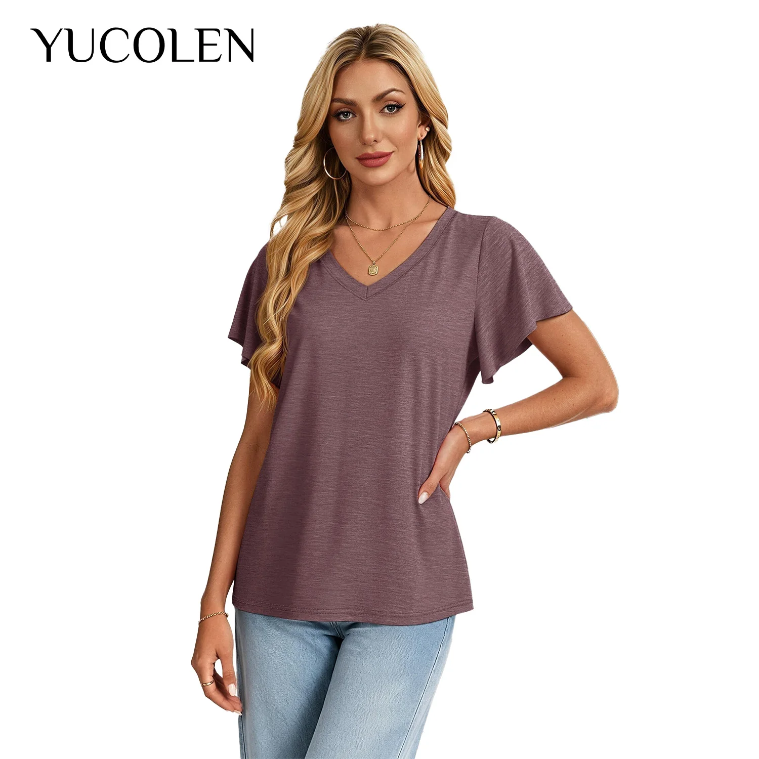YUCOLEN Women V‑Neck T‑Shirt Flutter Ruffle Short Sleeve Tee Heather Knit Lightweight Loose Fit Casual Summer Basic Tops