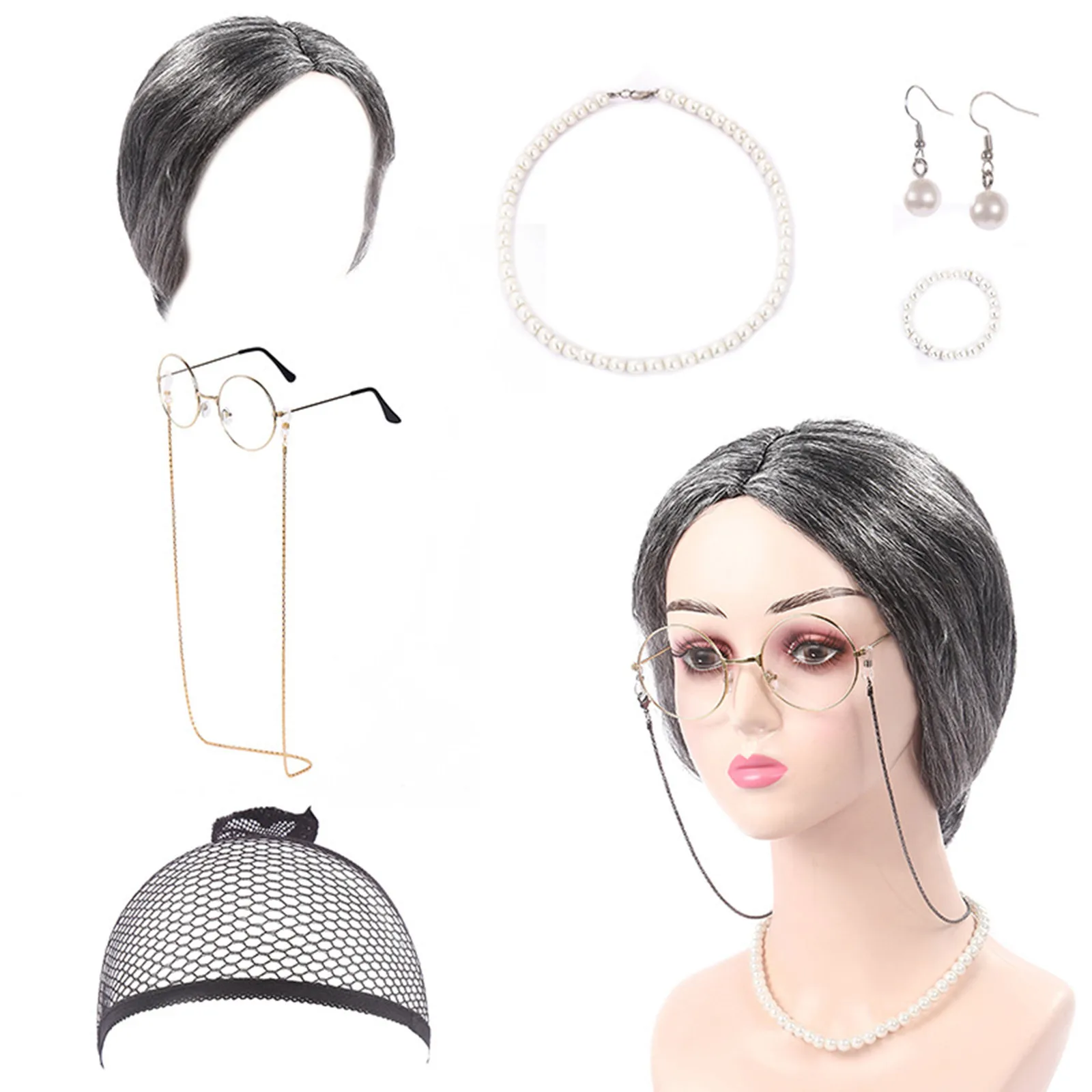 Бабушка парик бабушка шаль искусственная оправа очки с цепочкой искусственный жемчуг ожерелье браслет серьги