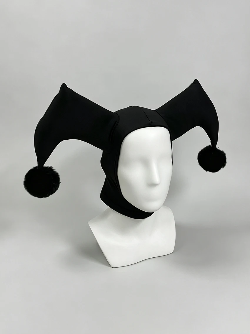 Trend Gothic Harlequin Jester Full Head Hood Black Stretch Pom-pom Joker Hat Women Halloween Cosplay Club Costume Head Accessory