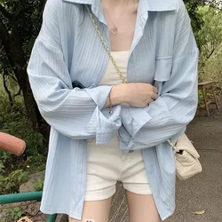 Summer Casual Loose Button Thin Shirt Women Spring Summer Solid Long Sleeve Turn-down Collar Tops Streetwear Chic Cardigan