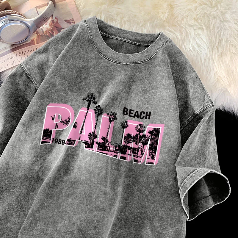 Palm Beach Print T-shirt Men Pink Letter Shirt Cotton Vintage Washed Tee Unisex Street Soft Comfort T-shirts Men Clothing Tiki