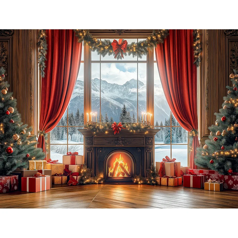 

Christmas Kitchen Decoration Background Children Adult Photography Christmas Wreath Windows Snowy Forest Red Truck Background
