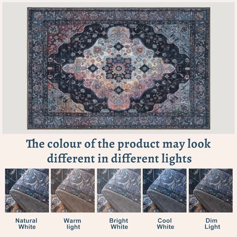 سجادة منطقة كلاسيكية قابلة للغسل مقاس 8 × 10، طباعة كحلي/متعددة، غير قابلة للانزلاق لغرفة المعيشة