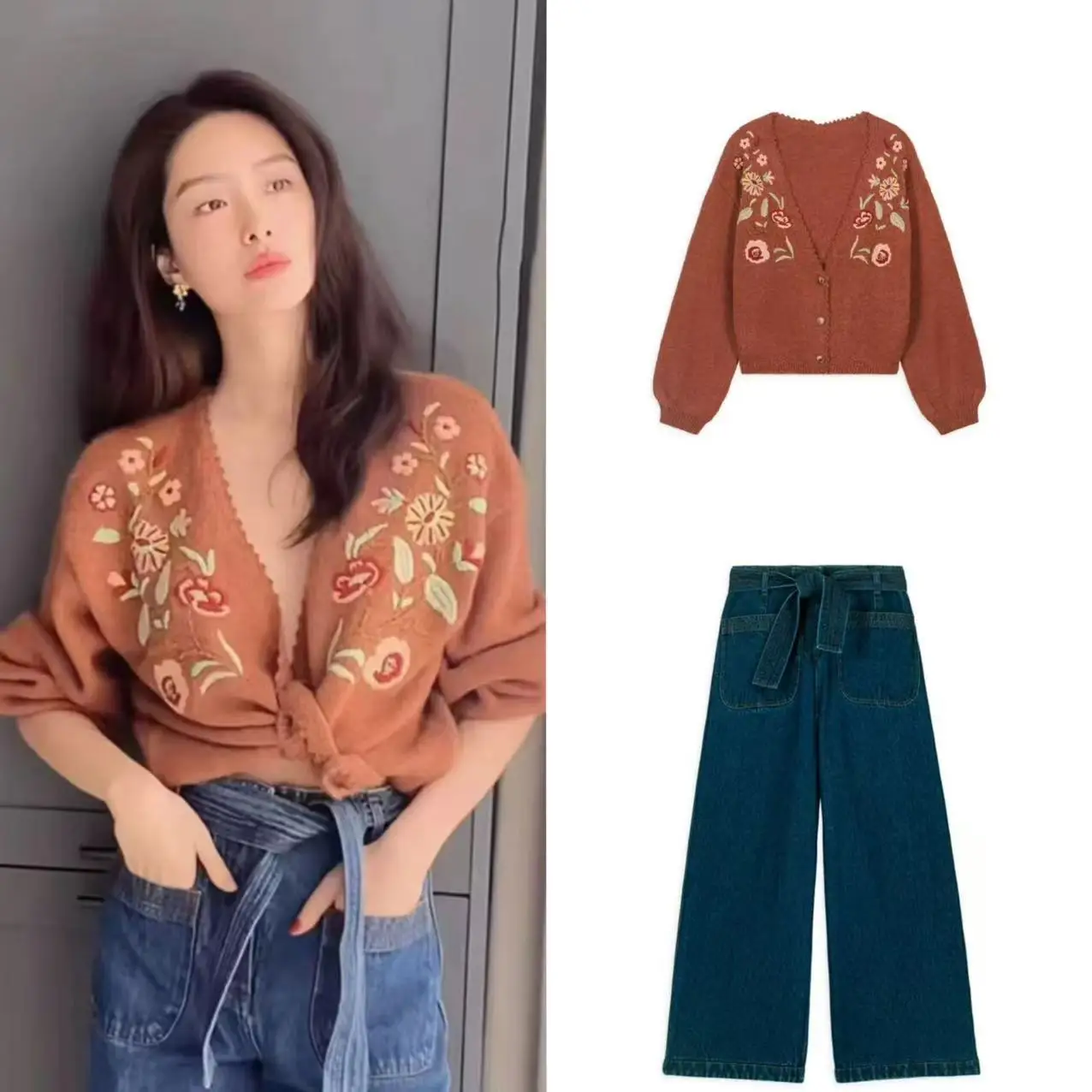 

Ретро-комплект: вязаный кардиган с цветочной вышивкой и джинсы с высокой талией, V-образный вырез, осенне-зимний модный комплект, высококачественная женская одежда