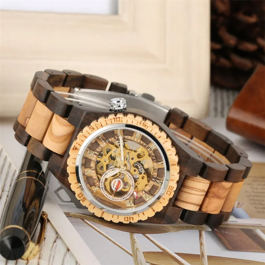 

Luxury Men's Watch Automatic Mechanical Wooden Watch Roman Numerals Display Wood Bangle Wristwatch Creative Male Timepiece reloj