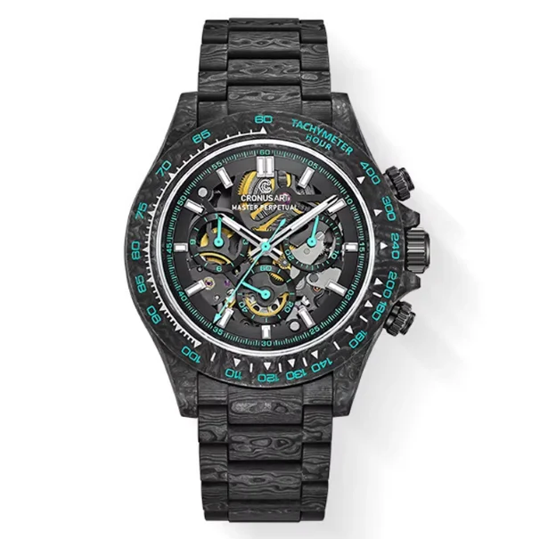 CRONUSART Men Chronograph Watch Sport 42mm Automatic Mechanical Wristwatch Carbon Fiber Case Strap Sapphire Mirror Skeleton Dial