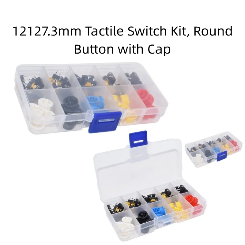 12*12*7.3mm Tactile Push Button Switch Kit with Round Button Cap, Micro Momentary Tact Switches Boxed Set for Electronic DIY Pro
