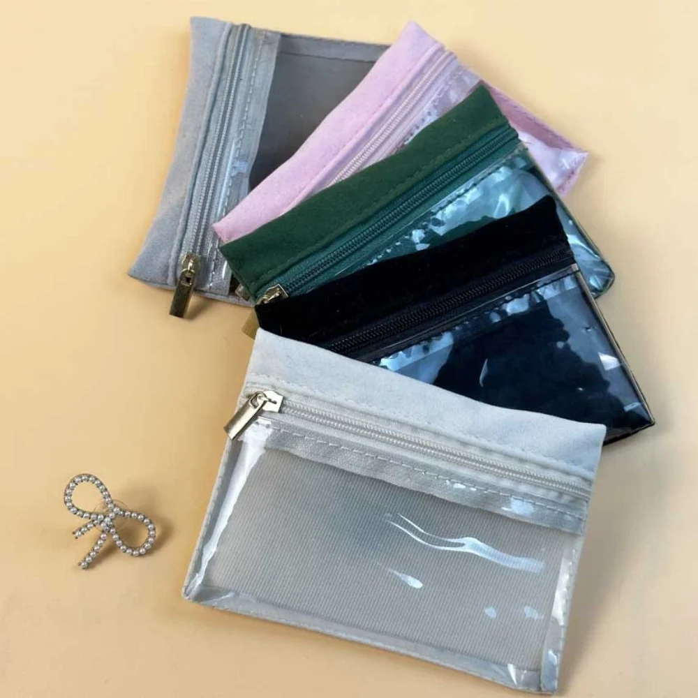 

Portable Velvet Jewelry Bag Earrings Necklace Bracelet Zipper Storage Pouch Transparent Jewelry Display Bags Travel Storage